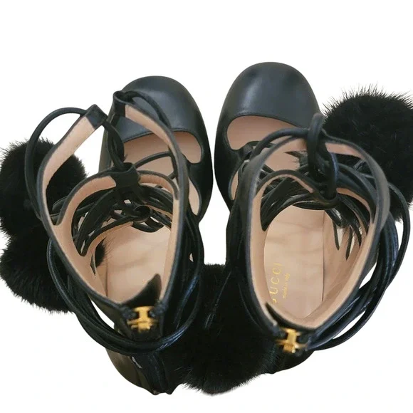 Gucci Heloise Black Leather Lace Up Pom Pom High Heeled Boots 6.5 36.5 409230 - Picture 12 of 17